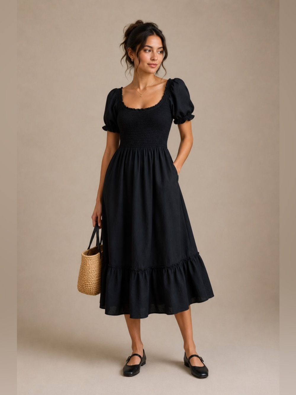 Hill House Home Louisa Nap Dress cotton smocked midi black 1S